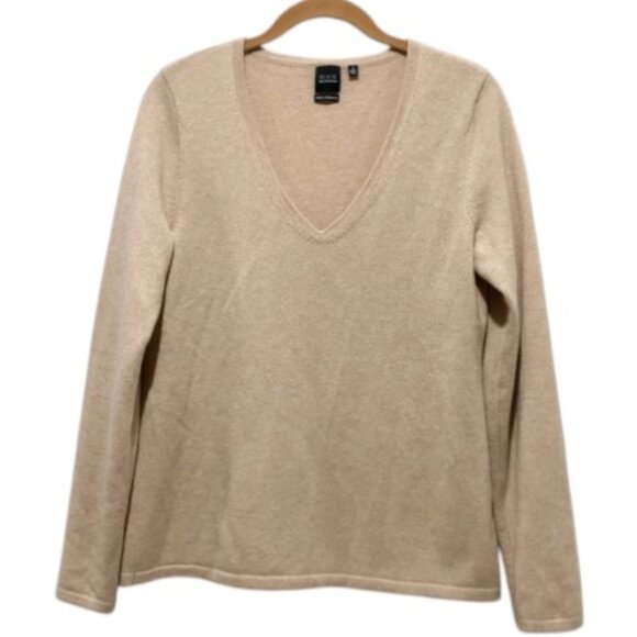 Saks Fifth Avenue Black Label tan 100% cashmere V-neck pullover size L - Picture 1 of 4
